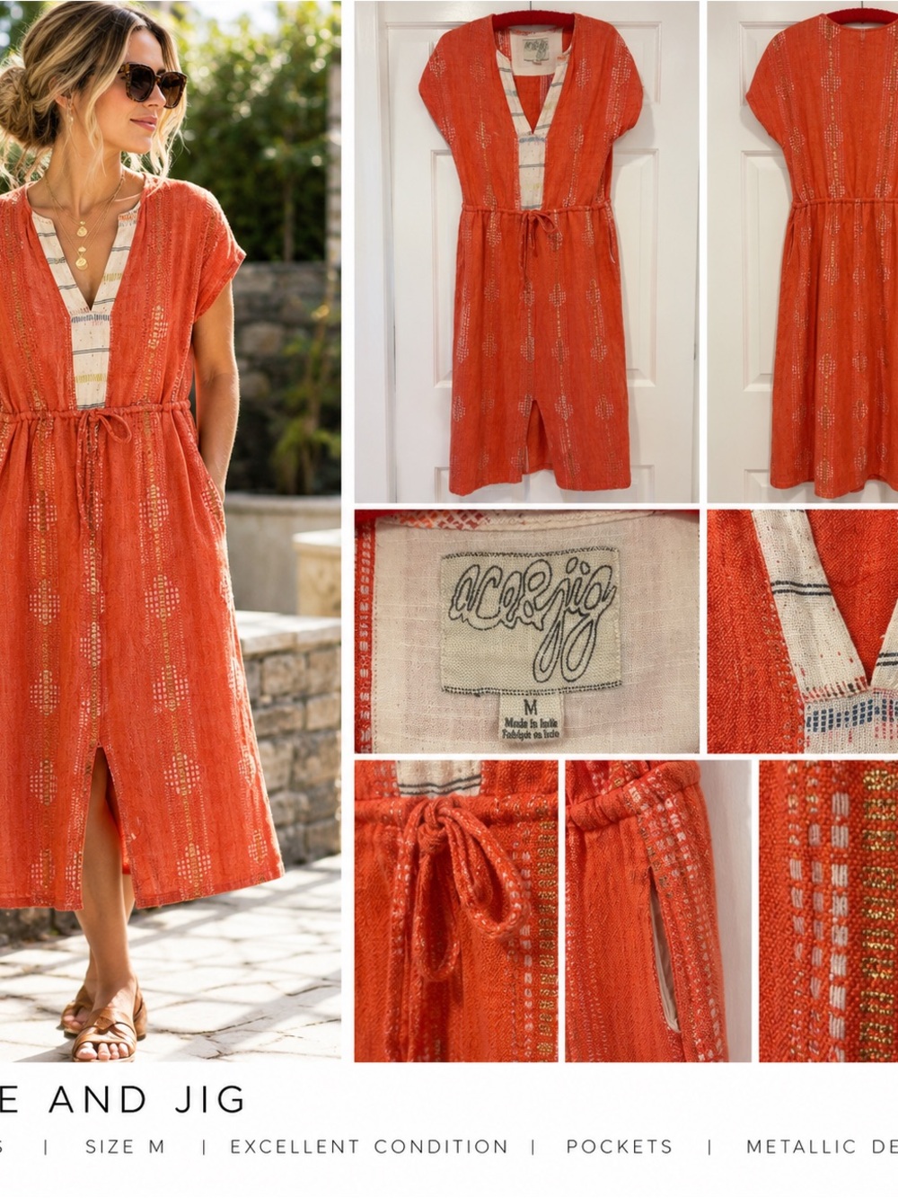 Ace & Jig Orange Metallic Drawstring V-Neck Midi Dress
